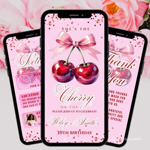 Puede incluir: Invitaci&oacute;n digital rosa con dise&ntilde;o de cerezas. El texto dice "She's the Cherry on Top" y "Please join us to celebrate Bailey's Smith's 30th Birthday". El dise&ntilde;o incluye un lazo rosa y purpurina.
