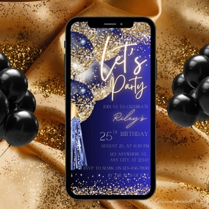 Invito alla festa di compleanno digitale in oro blu navy, palloncini elettronici blu navy in oro messaggio di testo telefonico evita, modello modificabile download immediato