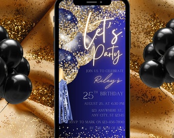 Digital Navy Gold Birthday Party Invitation, Electronic Navy Blue Gold Balloons Phone Text Message Evite, Editable Template Instant Download