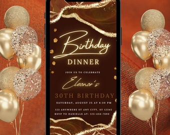 Editable AGATE Digital Birthday Invitation Template BRONZE Birthday Party Evite Any Age Electronic Neon Text Birthday ECARD Instant Download