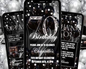 70th Birthday Invitation Template Black, Seventieth Silver Dinner Party Invite, Digital Black Ecard, Phone Text Evite