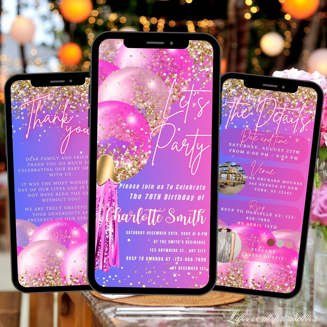 Digital Birthday Party Invitation Template Electronic Pink Glitter ...