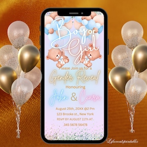 Invito per rivelare il genere digitale, Evite per rivelare il genere elettronico dell'orsacchiotto, Rivelare il genere in palloncino, Invito alla festa per baby shower