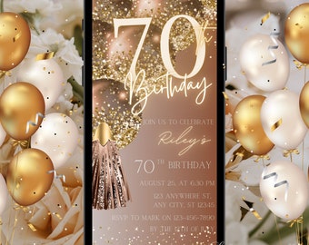 Digital 70th Birthday Invitation Template, Seventieth Brown Gold Birthday Invite, Neon Glittery Text Birthday Digital Mobile Phone Evite