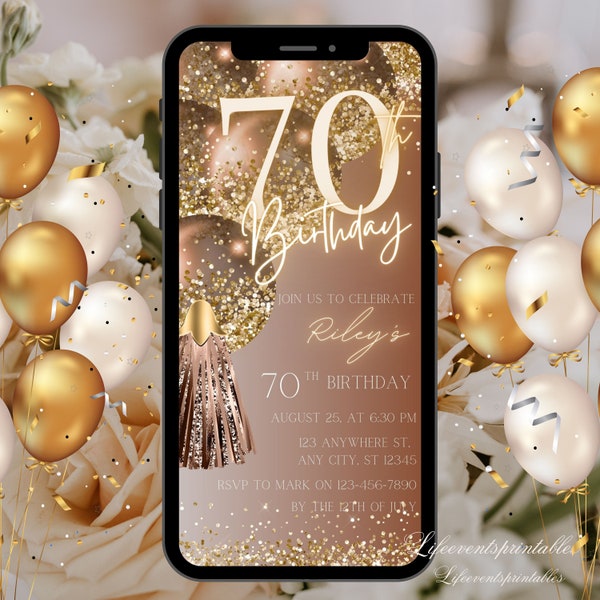 Digital 70th Birthday Invitation Template, Seventieth Brown Gold Birthday Invite, Neon Glittery Text Birthday Digital Mobile Phone Evite