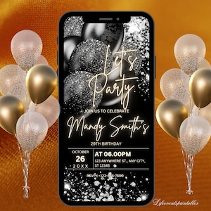 Digital Black Birthday Party Invitation, Black Silver Glitter Editable Template, Any Age Evite Instant Download, Phone Birthday Evite