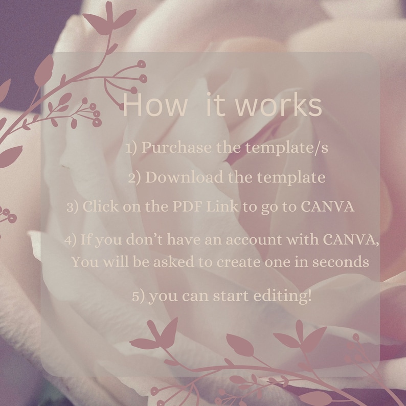 May include: A white rose with pink floral accents and text that reads "How it works" with a list of steps: 1) Purchase the template/s, 2) Download the template, 3) Click on the PDF Link to go to CANVA, 4) If you don't have an account with CANVA, You will be asked to create one in seconds, 5) you can start editing!