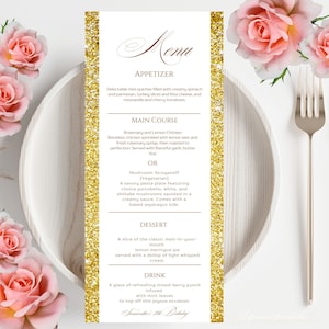 Carte de menu modifiable pour le dîner d'anniversaire en or blanc, modèle de carte de menu de table imprimable paillettes d'or, menu d'anniversaire minimal à téléchargement immédiat.