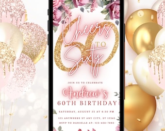 Modello di invito modificabile per il 60° compleanno, invito per il 60° compleanno per adulti, invito telefonico rustico per il sessantesimo compleanno, invito digitale per lei