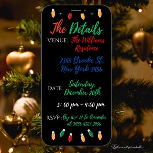 Pode incluir: Um ecr&atilde; de smartphone mostra um convite para uma festa de Natal. O texto inclui detalhes como o local, a data e a hora, com luzes decorativas. O convite &eacute; decorado com a inscri&ccedil;&atilde;o "Lifeeventsprintables".