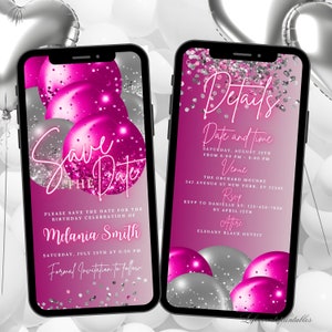Invito digitale salva la data rosa caldo argento, compleanno palloncino elettronico salva la data Evite, modello di cartolina di compleanno modificabile fucsia