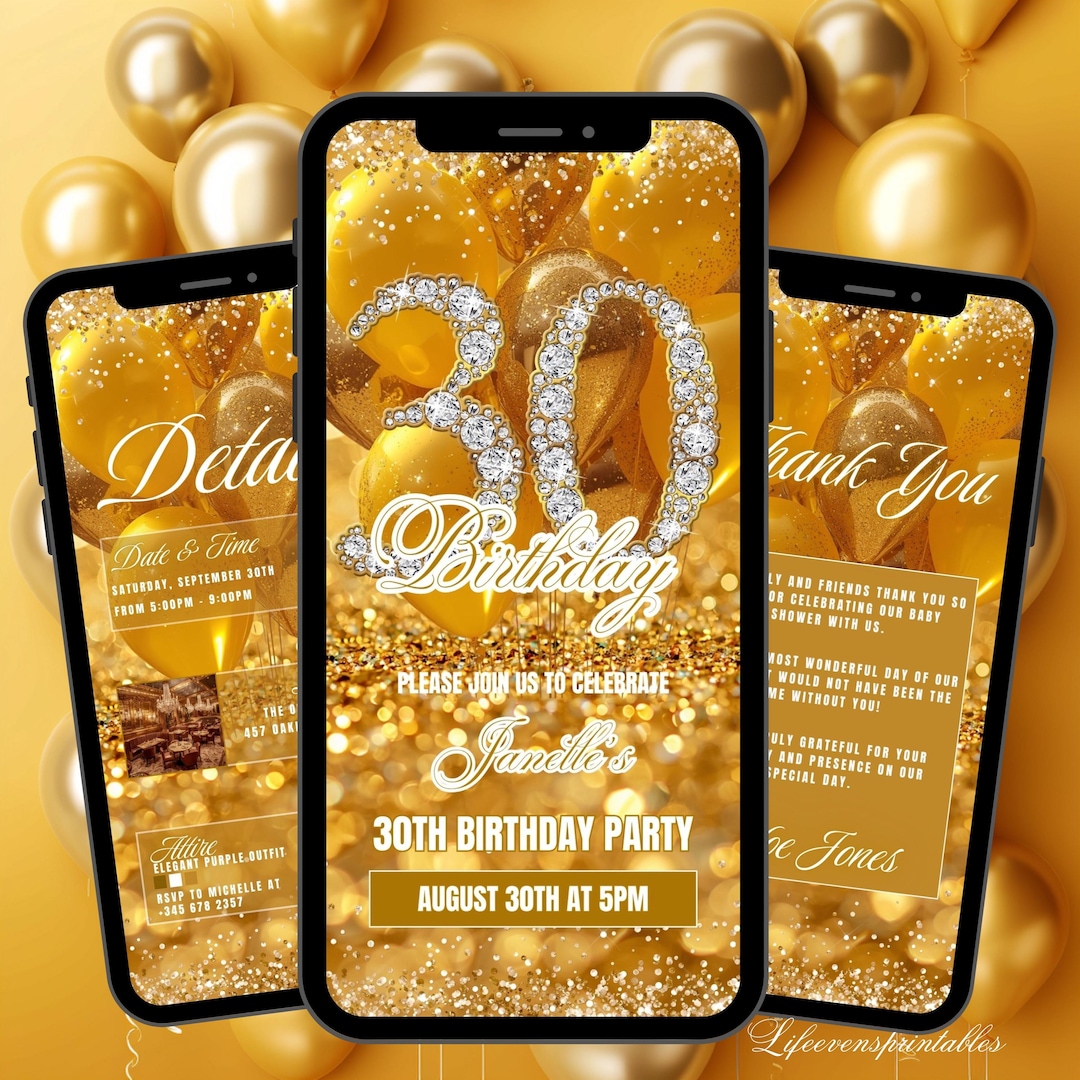 30TH Digital Birthday Invitation Template Yellow, Thirtieth Gold ...