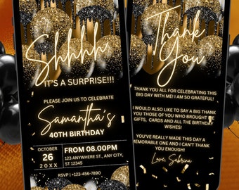 Black gold Surprise Birthday invite for her, Surprise neon Birthday party invite, Gold Balloon Text Message Invitation, Mobile Phone invite