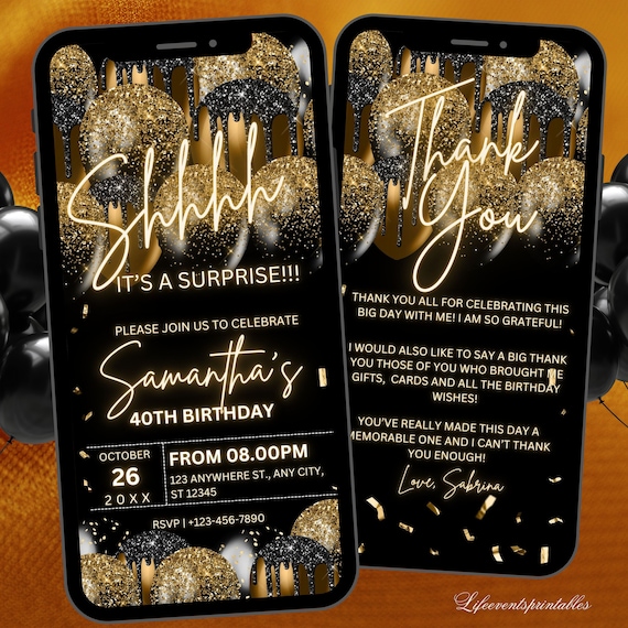Black gold Surprise Birthday invite for her, Surprise neon Birthday party invite, Gold Balloon Text Message Invitation, Mobile Phone invite
