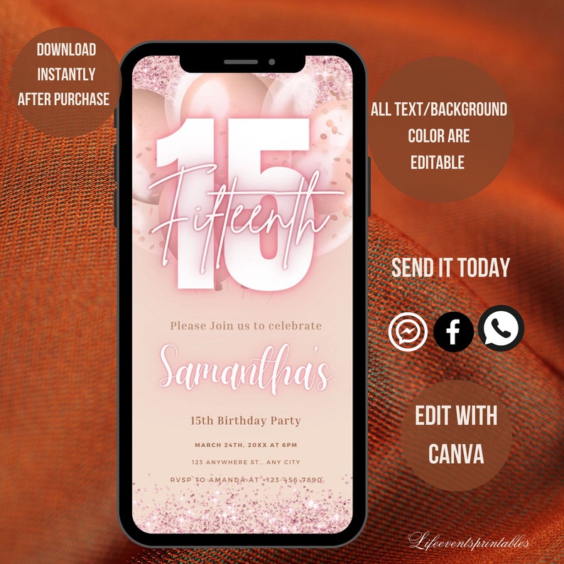 Puede incluir: Una invitaci&oacute;n digital rosa y blanca para una fiesta de cumplea&ntilde;os n&uacute;mero 15. La invitaci&oacute;n presenta un gran n&uacute;mero 15 con la palabra "quinceavo" escrita en cursiva. El fondo es rosa claro con brillo y globos. El texto de la invitaci&oacute;n dice: "Por favor, &uacute;nase a nosotros para celebrar el 15&ordm; cumplea&ntilde;os de Samantha, el 24 de marzo de 20XX a las 6:00 PM, 123 Anywhere St., Any City, RSVP a Amanda al 123-456-7890".