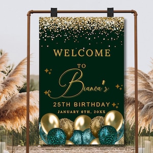 ELKE LEEFTIJD verjaardag welkomstbord verjaardag welkomstposter groene ballon en gouden glitter instant digitale download bewerkbare welkomstborden decor