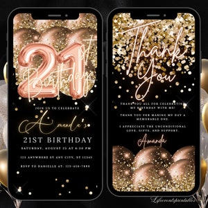 Digital Twenty One 21. Geburtstagseinladungsvorlage 21. elektronischer Geburtstag einladen Roségold-Geburtstagseinladung, bearbeitbare Textnachricht