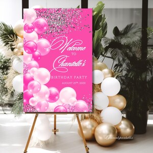 Birthday Welcome Sign Template Pink, Birthday Welcome Poster Glitter Sparkle Instant Digital Download Editable Welcome Signage decor