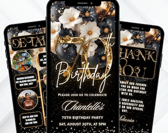 70TH Digital Birthday Invitation Template Black, Floral Seventieth Dinner Invite Gold Balloon,  Editable Text Message Evite Download
