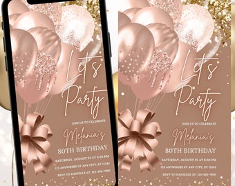 Digital Birthday Invitation Template, Electronic Birthday Invitation Rose Gold, Digital Download, Text Message Invite, Editable Text ANY AGE