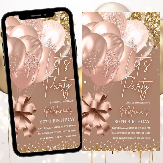 Digital Birthday Invitation Template, Electronic Birthday Invitation Rose Gold, Digital Download, Text Message Invite, Editable Text ANY AGE