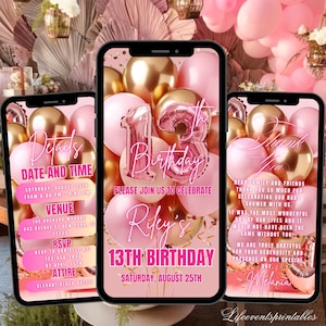Faire-part d'anniversaire rose pour le 13e anniversaire, modifiable, or rose néon, 13e anniversaire d'animation, vidéo de fête d'anniversaire numérique ballon 13e Evite