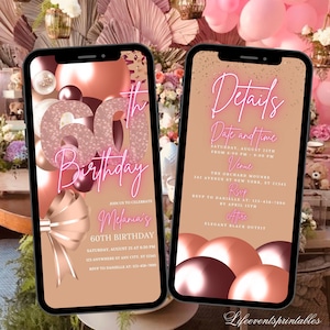 Digital 60th Birthday Invitation For Women, Editable 60th Invite Evite, Rose Gold Sixtieth Party Invite For Her, Birthday Invite For Her