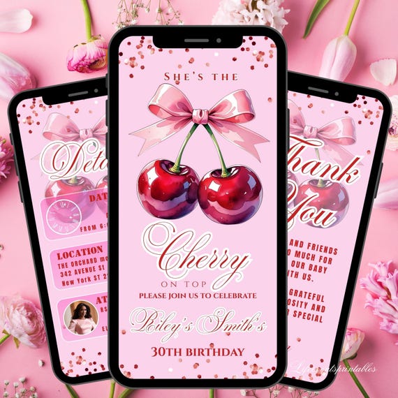 Cherry Birthday Invitation Template, Digital Cherry on Top Invite, Editable Pink Bow Birthday Text Evite, Pink Coquette Bow Invitation Ecard