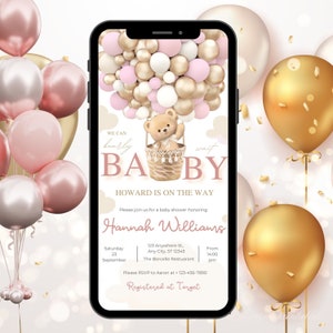 Modello digitale per invito baby shower per bambina, invito elettronico per baby shower con orsetto, invito per baby shower con palloncino rosa, download immediato