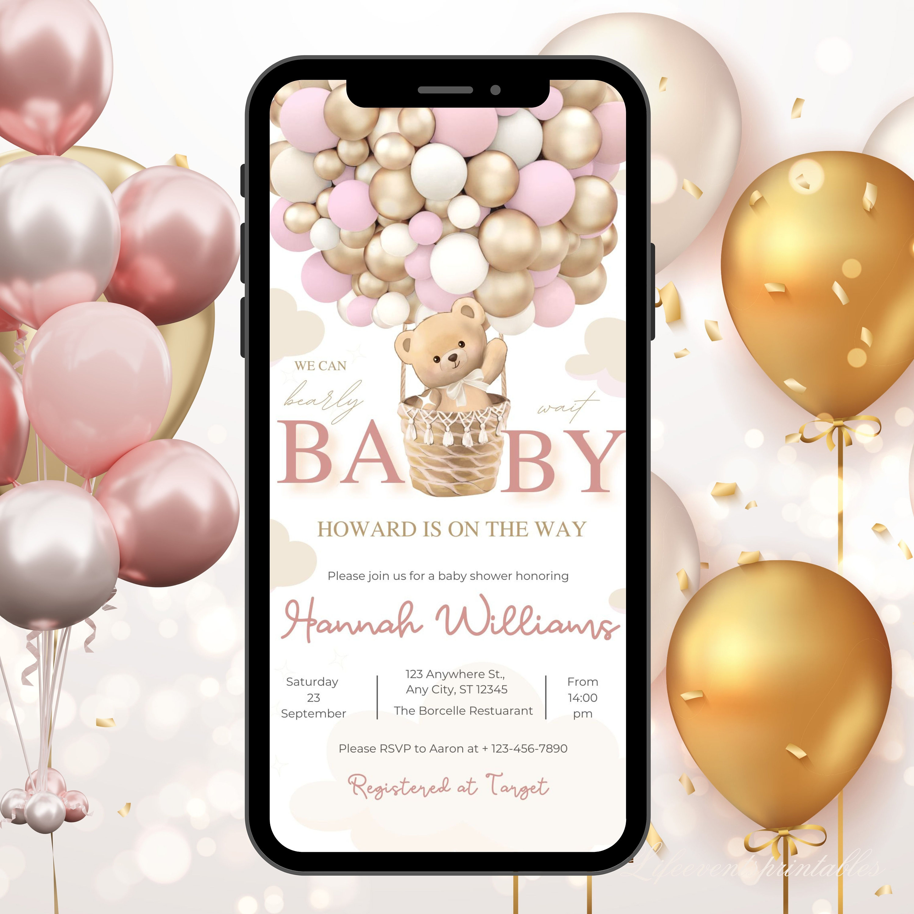 Digital Baby Girl Shower Invitation Template, Electronic Bear Baby Shower Evite, Pink Balloon Baby Shower Party Invitation, Instant Download