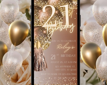 Digital Twenty One 21st Birthday Invitation Template 21th Electronic Birthday Invite Rose Gold Birthday Invitation, Editable Text Message