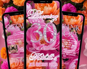 Digital Blooming into 30 Birthday invitation Template, 30TH Birthday Invite Floral Pink, Editable Thirtieth Text Message Ecard Download