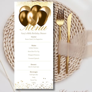 Printable Birthday Party Menu Template, Gold Balloon Printable Menu Card, Birthday Dinner Table Menu, Gold Birthday Menu Gold