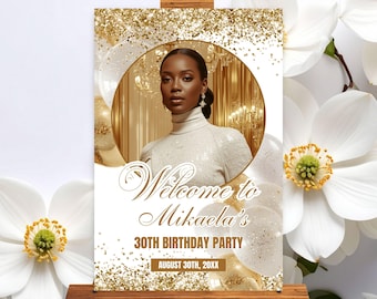 Birthday Welcome Sign Template White, Gold Balloon Birthday Welcome Poster Glitter Sparkle Editable Welcome Signage decor Instant Download