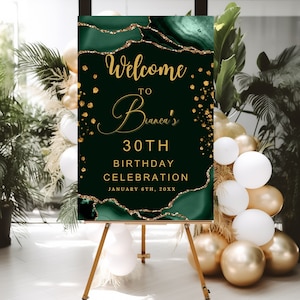 Green AGATE Birthday Welcome Sign Template Welcome Poster Green Gold AGATE Signage Editable Welcome Signage decor Instant Digital Download