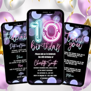 Digitale Einladungsvorlage zum 10. Geburtstag für Mädchen Neon Zehnter Geburtstag einladen Bearbeitbarer Text Geburtstag Ecard Sofort-Download