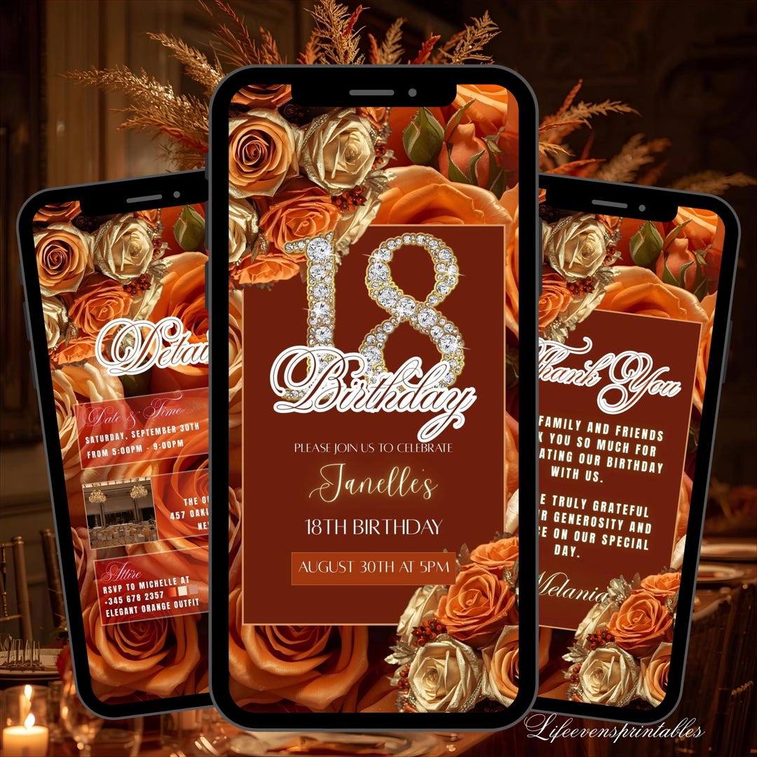 18TH Floral Birthday Invitation Template Orange, Eighteenth Digital ...