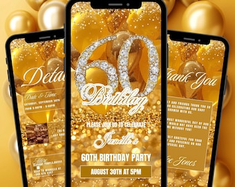 60TH Digital Birthday Invitation Template Yellow, Sixtieth Gold Balloon Invite Editable Text Message Birthday dinner Ecard Download