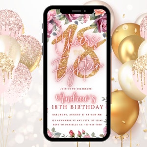 Plantilla de invitación de cumpleaños número 18 digital Mujeres Floral 18.o Blush Pink Cumpleaños Brunch Cena tarjeta electrónica Decimoctavo Descarga digital editable