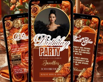 Floral Geburtstagseinladung Vorlage Orange, Digital Gold Brunch einladen bearbeitbare Text Nachricht Geburtstagsessen Rosen Ecard Sofort-Download