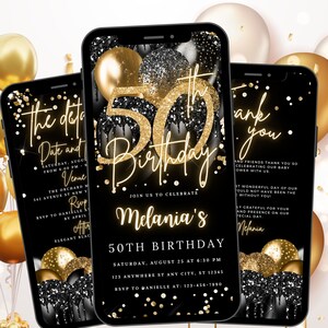Modello di invito animato per il 50° compleanno in oro nero, invito per il 50° compleanno, invito elettronico con testo scintillante al neon, invito digitale per cellulare