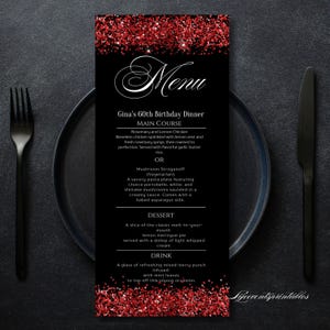 Modèle de menu de fête d'anniversaire imprimable, carte de menu imprimable noir rouge pailleté, menu de table pour le dîner d'anniversaire, menu d'anniversaire noir et rouge