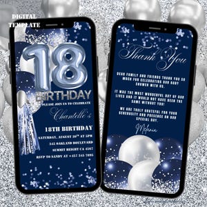 Eighteenth Birthday Invitation Blue, Eighteenth Birthday Invite Template Blue Silver, Text Message Digital  E-Invite, Mobile Phone Evite