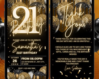 Digitale 21e verjaardagsuitnodiging sjabloon voor haar goud, geanimeerde eenentwintigste zwartgouden ballon uitnodigen voor hem, bewerkbaar reisplan e-card