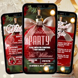 Pode incluir: Três smartphones exibindo um convite para uma festa de Natal. O convite principal apresenta um enfeite vermelho brilhante com um laço, o texto "Christmas Party" e detalhes do evento. Telas adicionais mostram detalhes e mensagens de agradecimento.