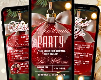 May include: Three smartphones displaying a Christmas party invitation. The main invitation features a red glittery ornament with a bow, the text "Christmas Party," and event details. Additional screens show details and thank you messages.