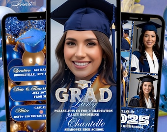 Invitación digital para fiesta de graduación de la promoción de 2025 en color azul, invitación animada para anuncio de graduación universitaria, invitación de graduación de secundaria editable en video.