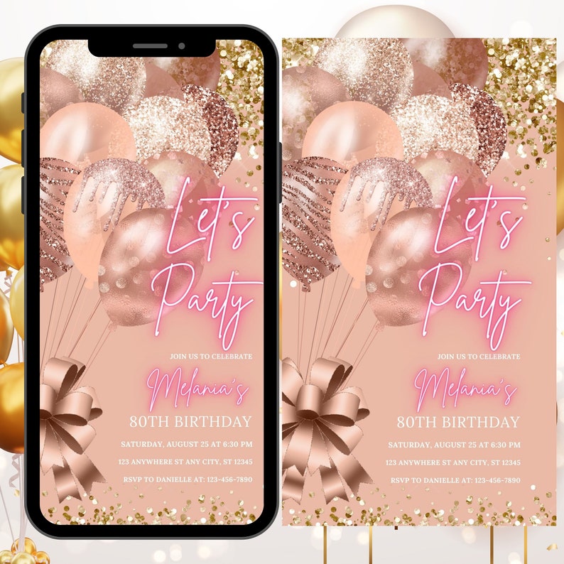 Digital Birthday Invitation Template, Electronic Birthday Invitation Rose Gold, Digital Download, Text Message Invite, Editable Text ANY AGE image 1