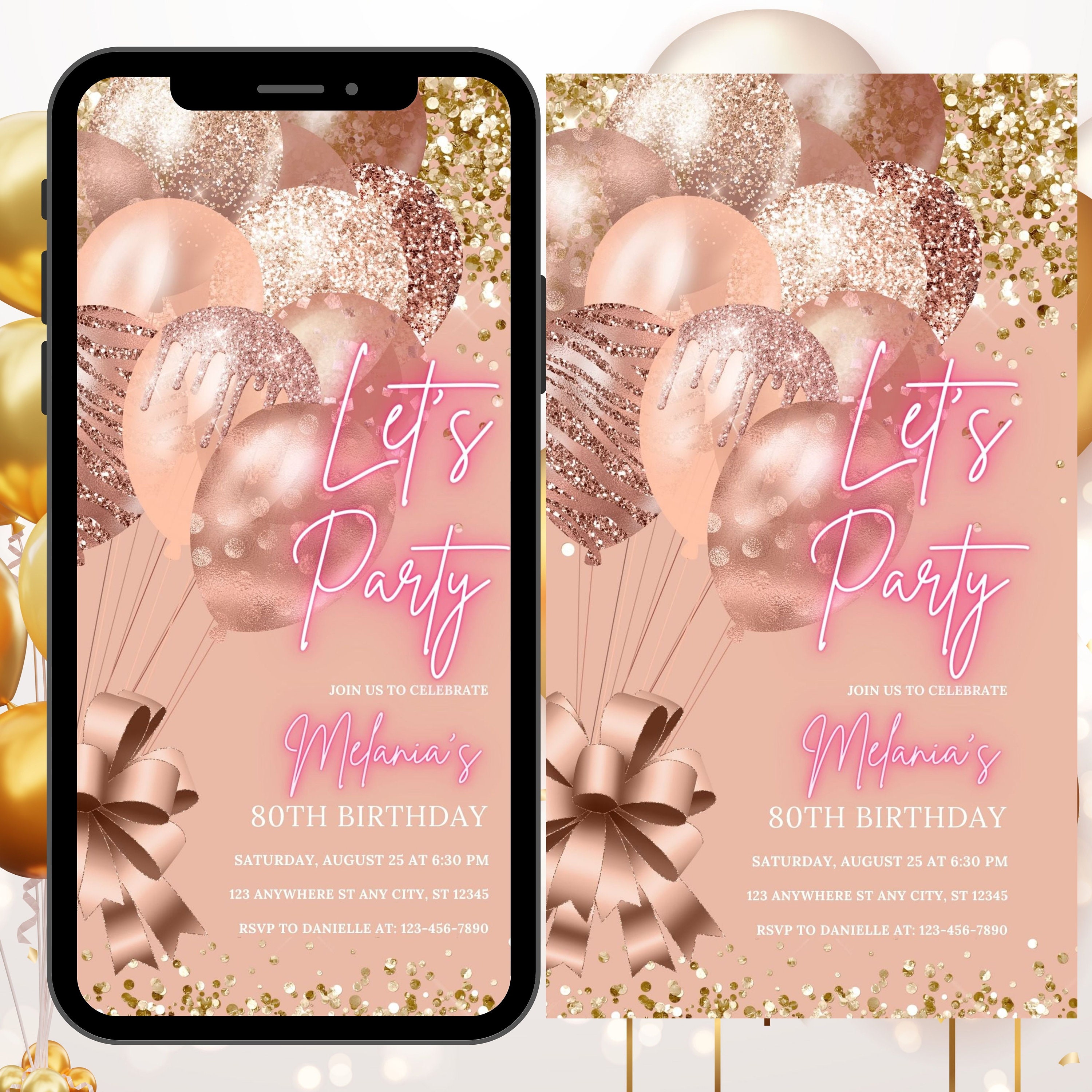 Digital Birthday Invitation Template, Electronic Birthday Invitation Rose Gold, Digital Download, Text Message Invite, Editable Text ANY AGE