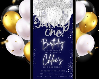 Digital Twenty One 21st Birthday Invitation Template Navy 21st Electronic Birthday Invite Blue Silver Birthday Ecard, Editable Text Message